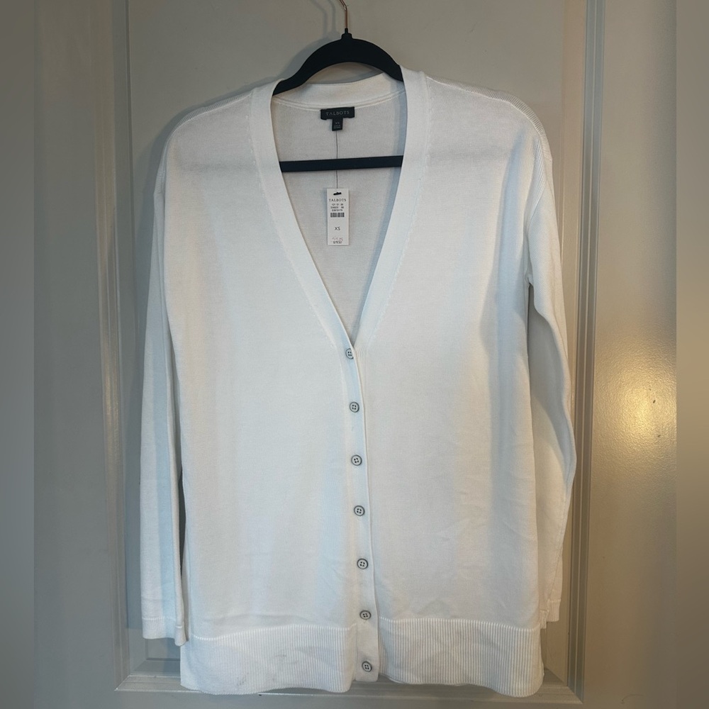 NEW Talbots White Long Line Cotton Blend Lightweight Cardigan Sweater, Size XS